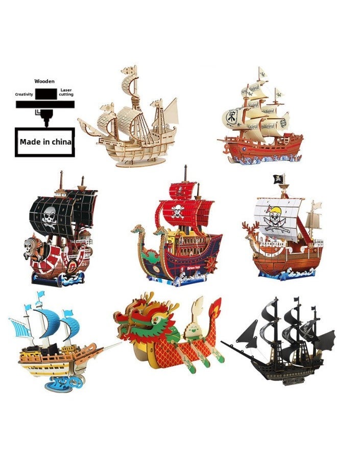 Wooden Boat DIY Assembled Model 3D Puzzle Children's Handmade Entrepreneurial Puzzle Building Blocks Toys-Color:[double-sided Uv] Yuanyanghao - Image 2