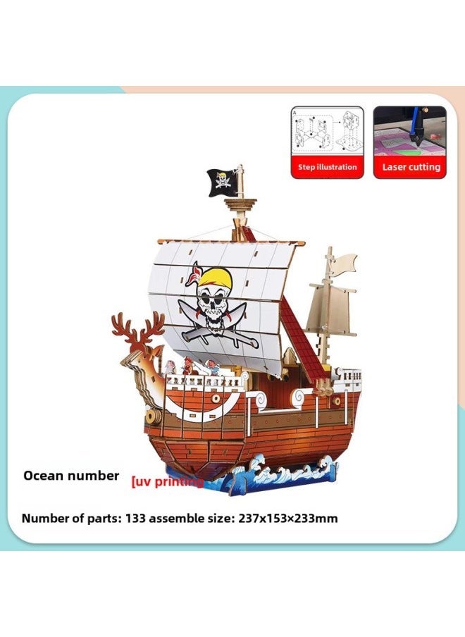 Wooden Boat DIY Assembled Model 3D Puzzle Children's Handmade Entrepreneurial Puzzle Building Blocks Toys-Color:[double-sided Uv] Yuanyanghao - Image 1