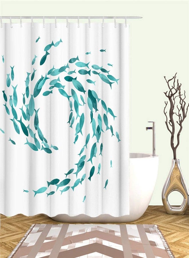 RnnJoile Teal Fish Shower Curtains Set Ocean Creatures Bathroom Decor Creative Curtain for Bath Fabric Sea Ocean Shower Curtain with Hooks Turquoise 72x72inch - Image 3