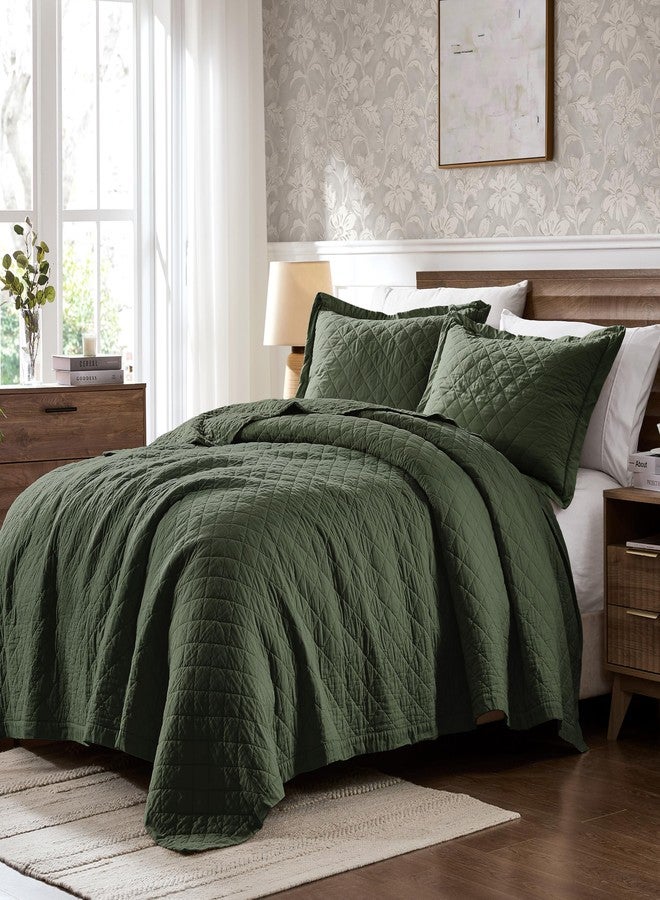 WDCOZY 100% Pre-Washed Cotton Twin Size Quilt Set - Olive Green Ruffle Box Soft Lightweight Bedspread, Textured Like Linen, Farmhouse Country Rustic Coverlet, Shabby Chic Gauze Bedding - Image 3