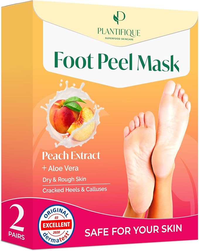 Plantifique Foot Peel Mask 2 Pairs Exfoliating Dermatologically Tested Foot Treatment Removes Dead Skin Repairs Heels for Soft Feet Peach Scent Gift for Women Men - Image 1