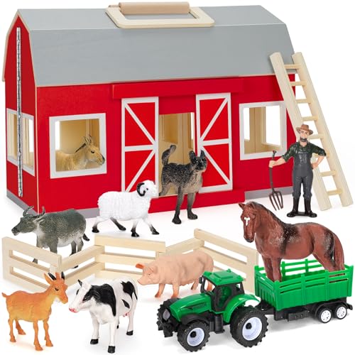 YEEBAY Farm Animals Toys for 3+ Year Old Kids Toddlers Girls Boys, Large Wooden Barn with Animal Play Figures, Farm Playset Educational Learning Toys, Ideal Christmas Birthday Gifts - Image 1