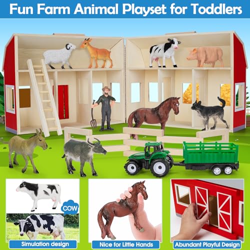YEEBAY Farm Animals Toys for 3+ Year Old Kids Toddlers Girls Boys, Large Wooden Barn with Animal Play Figures, Farm Playset Educational Learning Toys, Ideal Christmas Birthday Gifts - Image 3