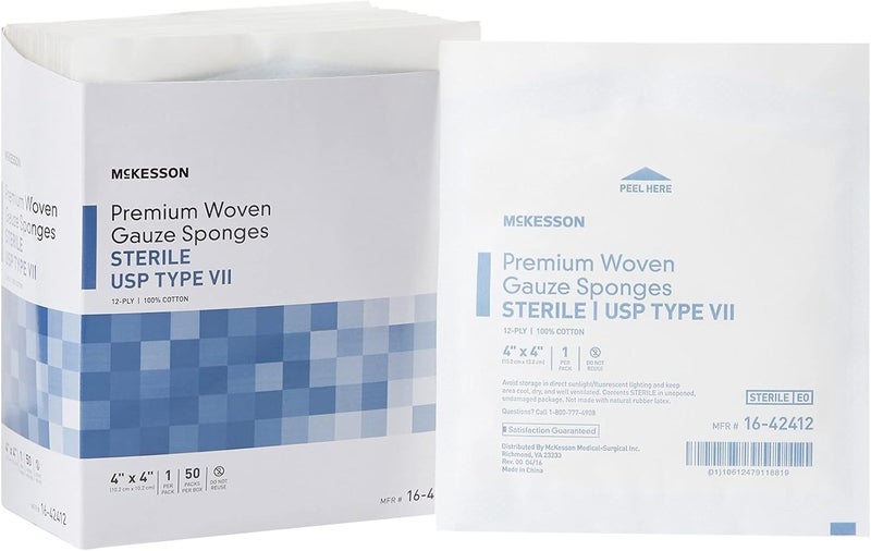 McKesson Premium Woven Gauze Sponges, Sterile, 12-Ply, USP Type VII, 100% Cotton, 4 in x 4 in, 50 per Pack, 1 Pack