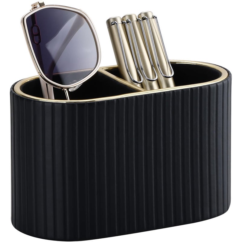 KINGFOM PU Leather Pen Holder for Desk, 2 Slots Small Remote Control Holder Pencil Cup Desktop Supplies and Accessories Organizer Caddy for Office Home Art Supply (Black) - Image 1