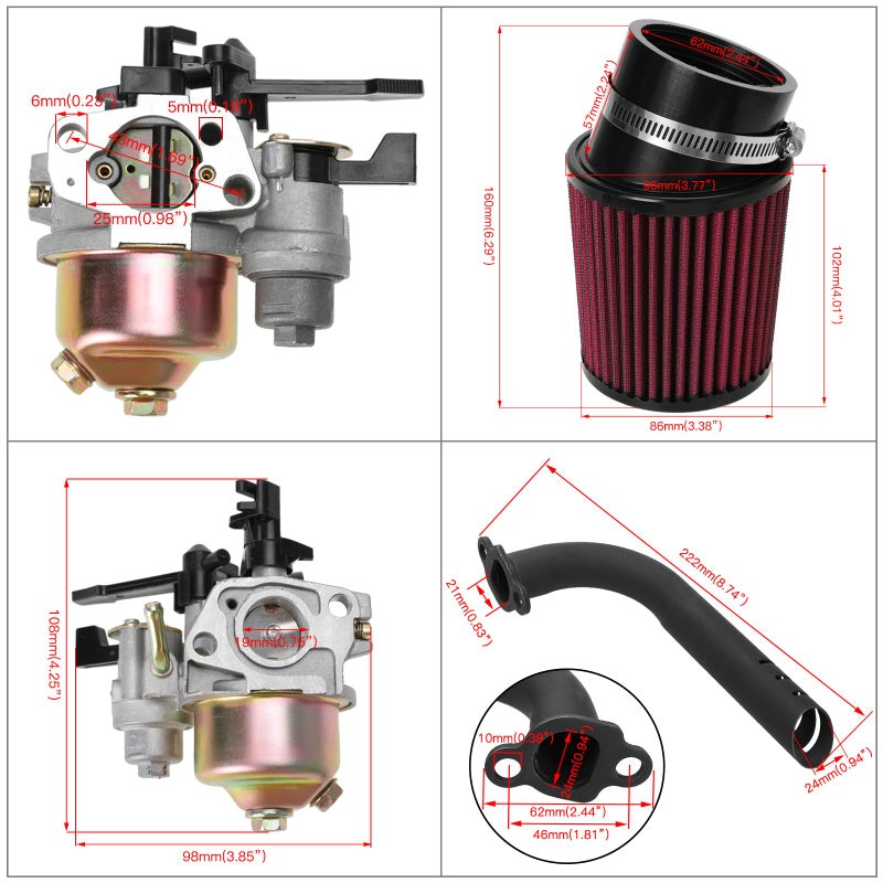 FVRITO High Performance Carburetor Filter Jet Adapter Exhaust Pipe Stage 2 Kit Red for Non Hemi Predator 212cc 196cc 6.5Hp Clone GX160 GX200 CT200u KT196 BT200X Trailmaster MB200 Mini Bike Go Kart - Image 5