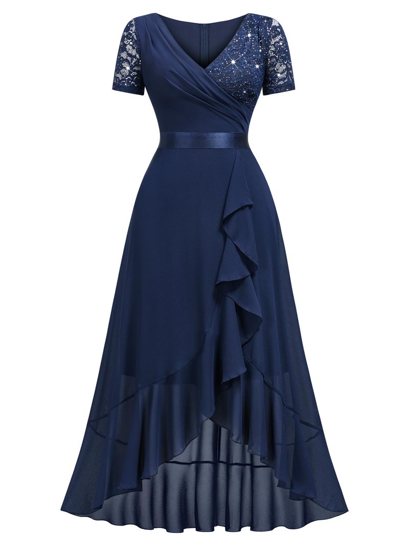 Miusol Women's Elegant V Neck Contrast Sequin Lace Chiffon Ruffle Split Evening Party Dress (Large, Navy Blue) - Image 5