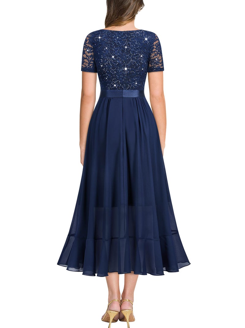 Miusol Women's Elegant V Neck Contrast Sequin Lace Chiffon Ruffle Split Evening Party Dress (Large, Navy Blue) - Image 2