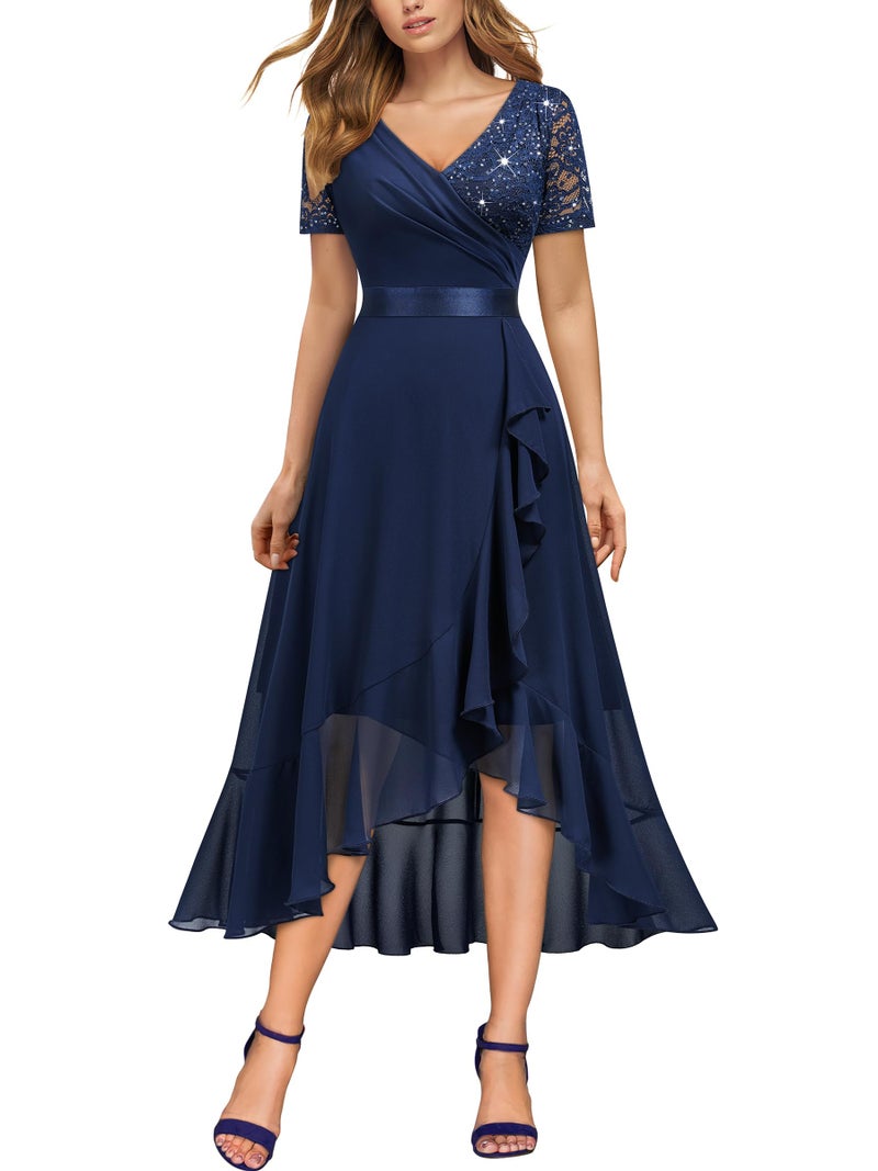 Miusol Women's Elegant V Neck Contrast Sequin Lace Chiffon Ruffle Split Evening Party Dress (Large, Navy Blue) - Image 1