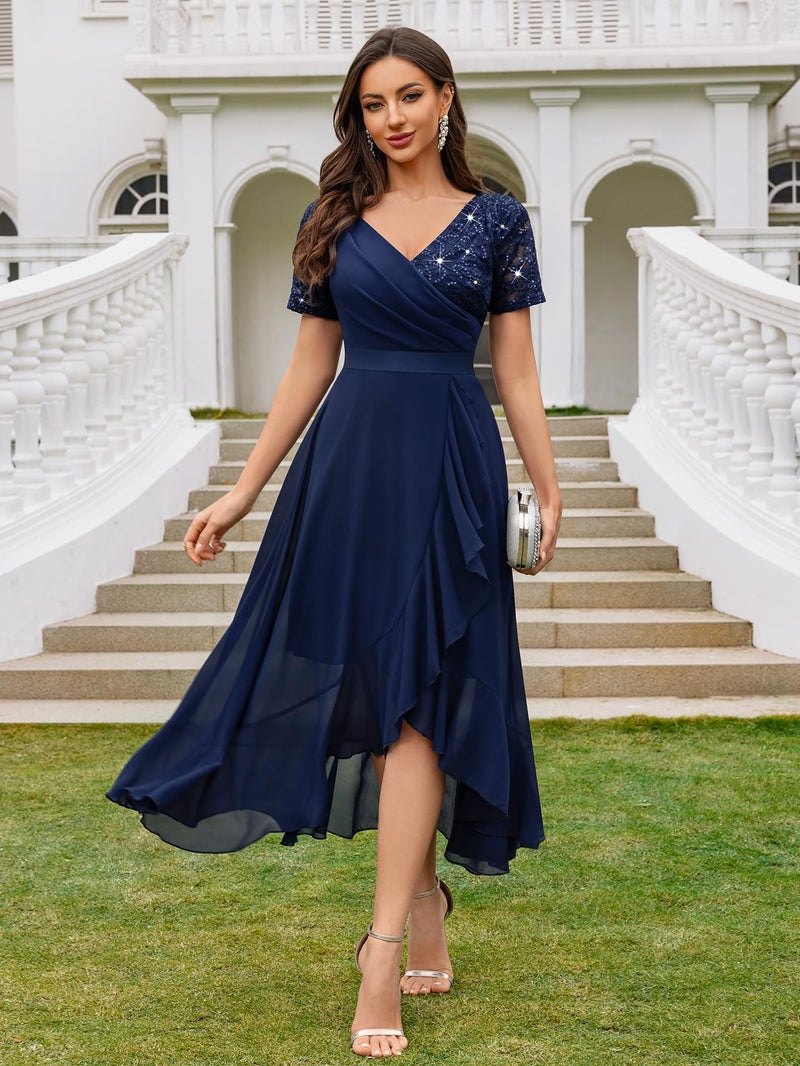 Miusol Women's Elegant V Neck Contrast Sequin Lace Chiffon Ruffle Split Evening Party Dress (Large, Navy Blue) - Image 3