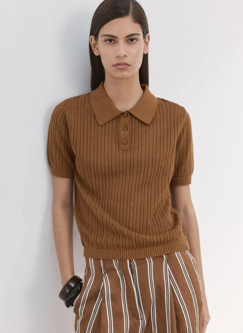 مانجو Openwork knitted polo-neck sweater