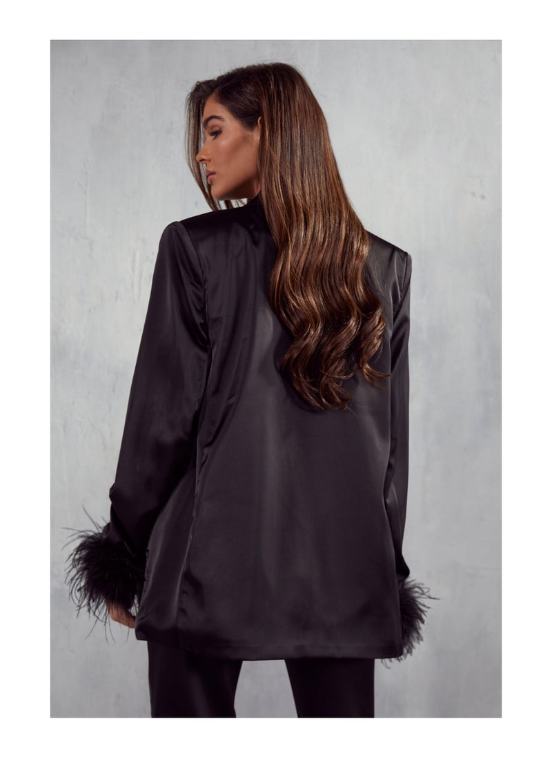 Miss Pap - Premium Satin Feather Trim Oversized Blazer - Image 1