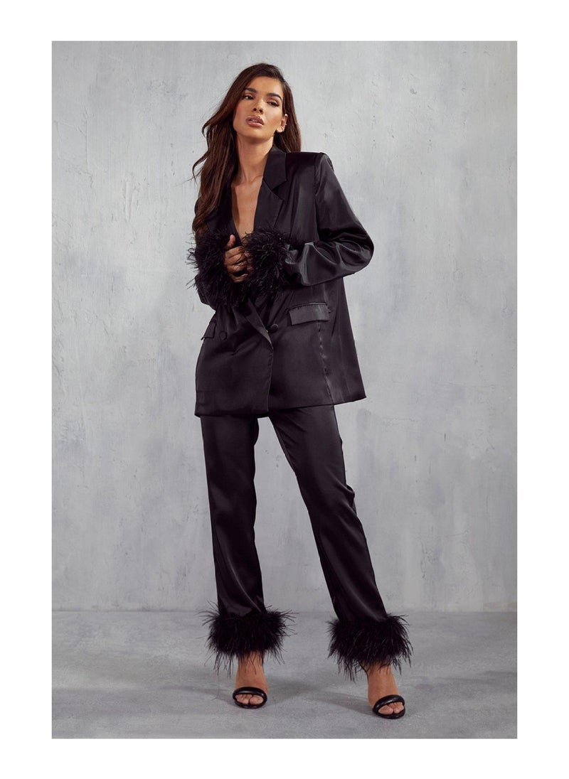 Miss Pap - Premium Satin Feather Trim Oversized Blazer - Image 1