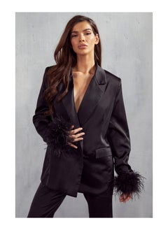 Premium Satin Feather Trim Oversized Blazer