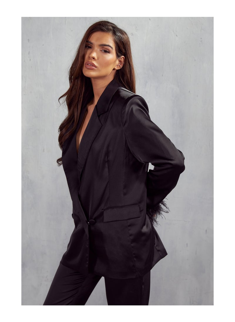 Miss Pap - Premium Satin Feather Trim Oversized Blazer - Image 1