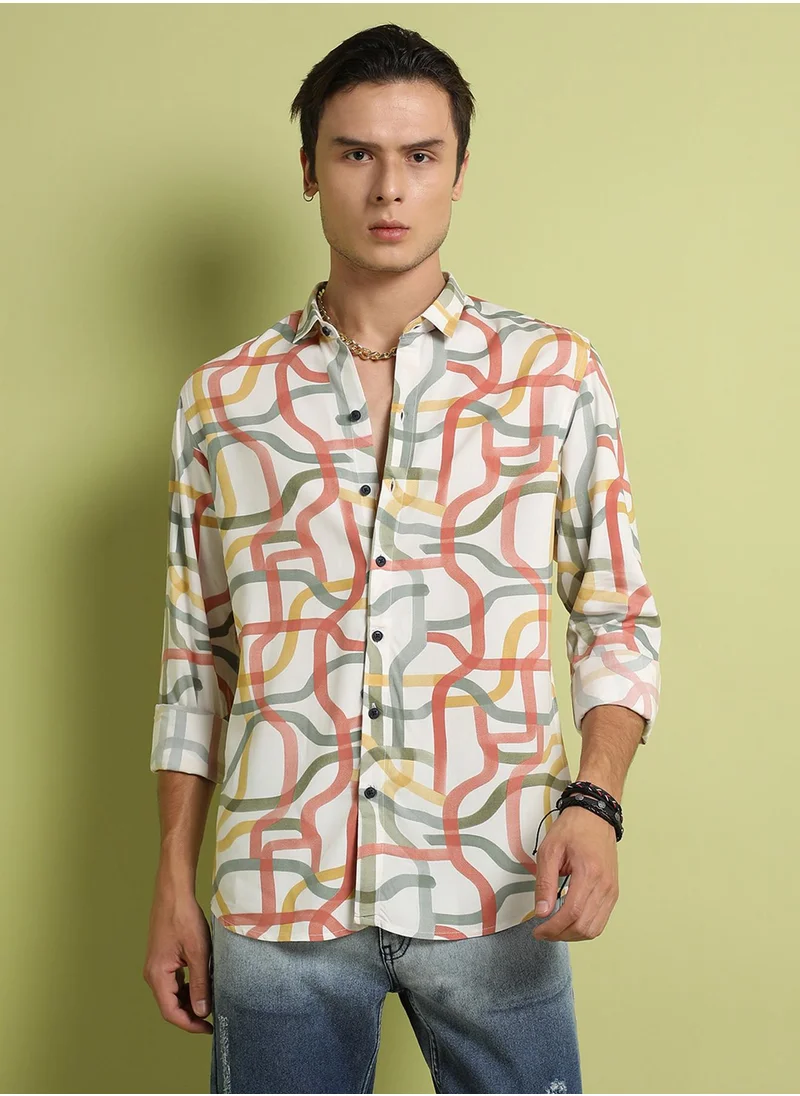 Campus Sutra Campus Sutra Men's Multicolour Flowing Vines Shirt For Everyday Wear | Spread Collar |  Button Closure | Long Sleeve | Cotton Slub Shirt Crafted With Comfort Fit For Everyday Wear