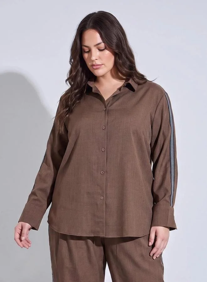 Styli Plus Size Brown Long Sleeves Relaxed Fit Shirt with Side Stripe
