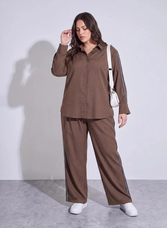 Styli Plus Size Brown Long Sleeves Relaxed Fit Shirt with Side Stripe