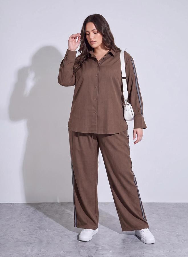Styli Plus Size Brown Long Sleeves Relaxed Fit Shirt with Side Stripe - Image 2