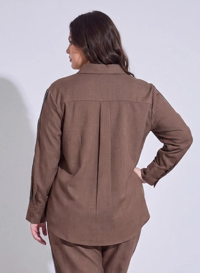 Styli Plus Size Brown Long Sleeves Relaxed Fit Shirt with Side Stripe - Image 4