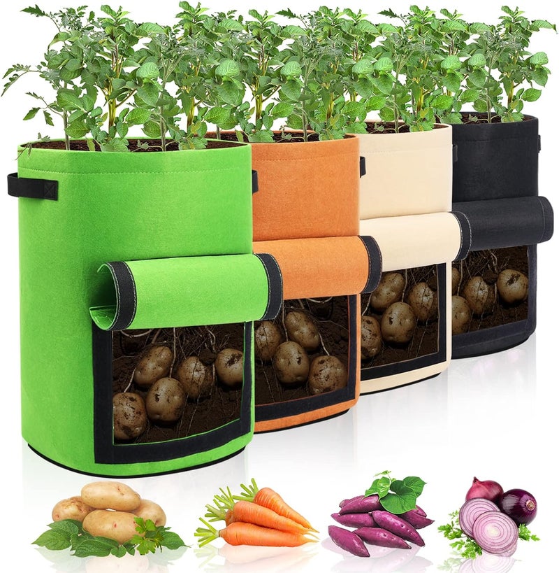 Homyhoo 4 Pack Potato Growing Bag with Flap 10 Gallon Planter Pots with Handles and Harvest Window for Potato Tomato and Vegetables, Black Green Orange and Beige - Image 1