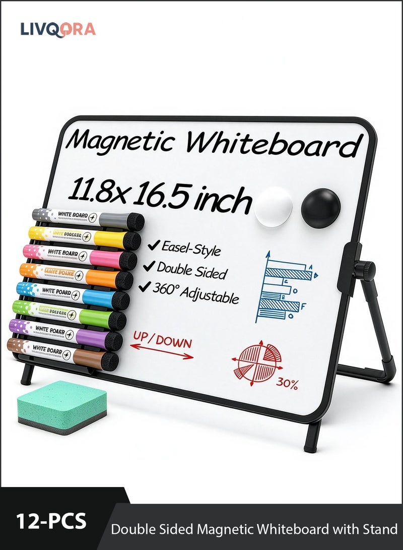 LIVQORA Double Sided Magnetic Whiteboard with Stand, 11.8×16.5in Dry Erase Desktop White Board, A3 Mini Whiteboard ，360° Rotating Small Whiteboard for Desk, Office School Home, Meeting Memo Board, Eid Ramadan Gifts - Image 1