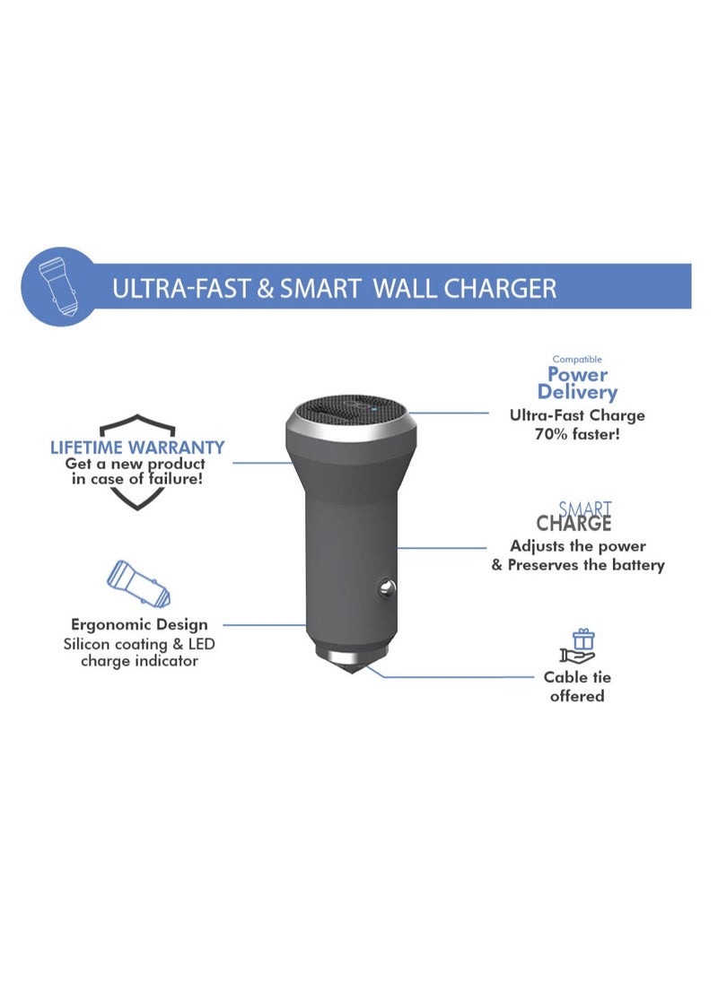 FORCE Force Power Dual 27W USB A & C PD Power Delivery Car Charger Lifetime Warranty Gray  - Image 3