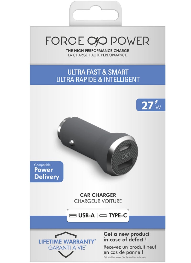 FORCE Force Power Dual 27W USB A & C PD Power Delivery Car Charger Lifetime Warranty Gray  - Image 1