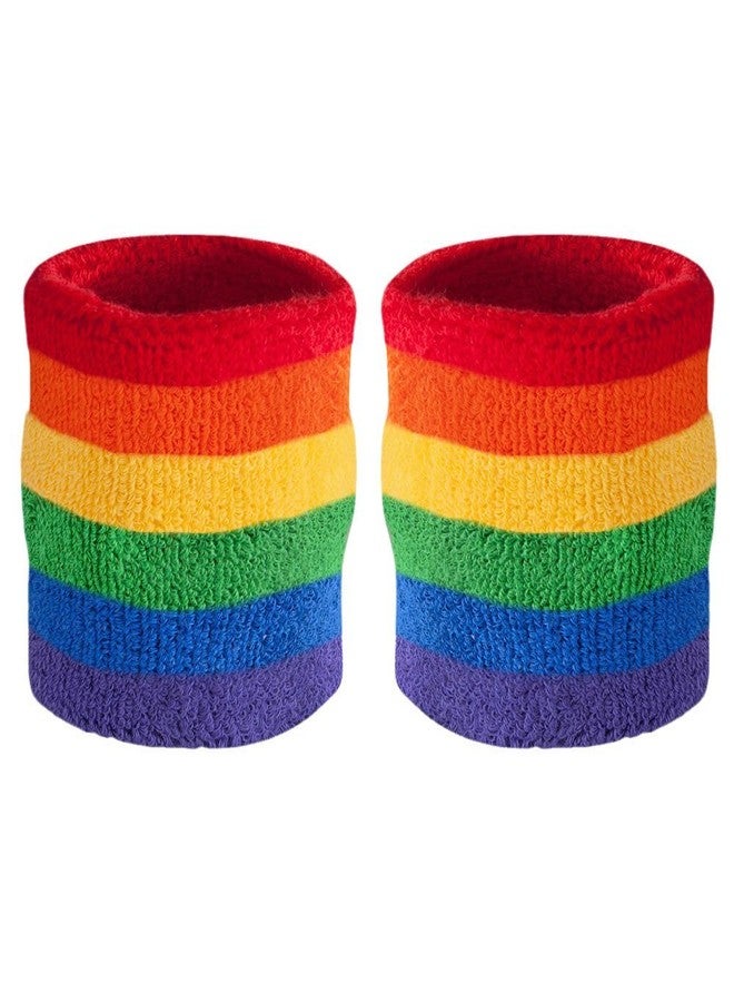 Suddora Striped Wristbands, Wrist Sweatbands for Men & Women, Moisture-Wicking Thick Cotton Bands for Working Out, Gymnastics, Basketball, Tennis, Football, 4-inch Rainbow Bands for Costume, Pair - Image 1
