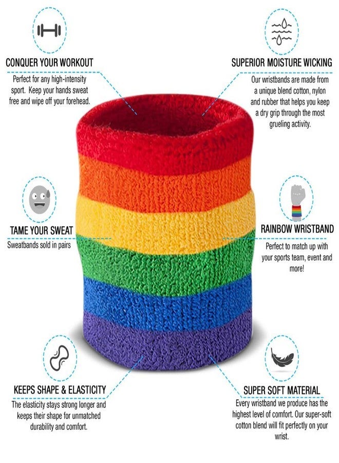 Suddora Striped Wristbands, Wrist Sweatbands for Men & Women, Moisture-Wicking Thick Cotton Bands for Working Out, Gymnastics, Basketball, Tennis, Football, 4-inch Rainbow Bands for Costume, Pair - Image 2