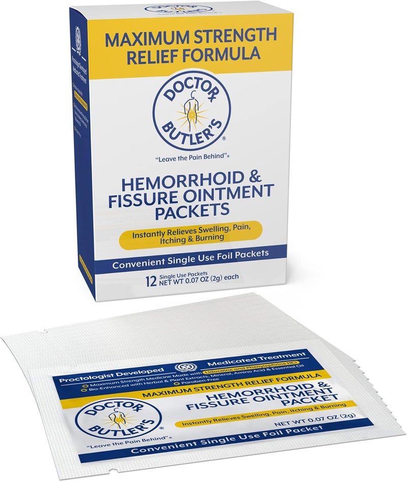 Doctor Butler's Doctor Butler's Maximum Strength Hemorrhoid & Fissure Ointment 12 to-Go Packets - Instant Pain Relief Hemorrhoid Treatment with Lidocaine, Internal & External Itching, Burning and Swelling Relief 