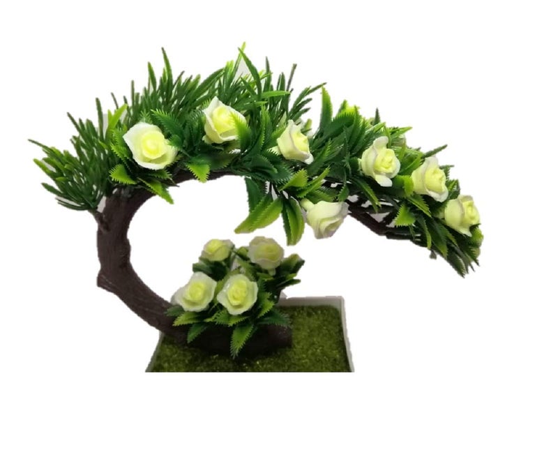 Bellveen Mini Artificial White Roses Bonsai Flowers with Pot and Bonsai with Green Tree Original Feeling Romantic Rose for Home Decoration PE01