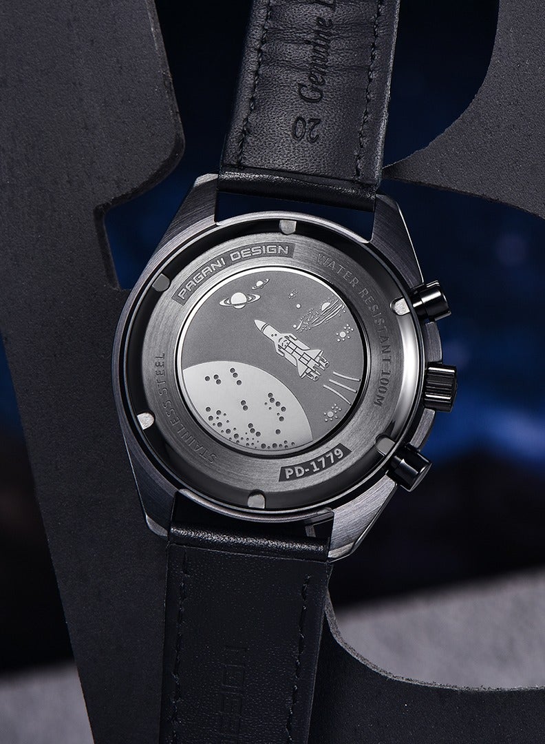 باغاني ديزاين ساعات كوارتز رجالية كاملة من الفولاذ المقاوم للصدأ الأسود كرونوغراف ساعة اليد مع حزام الساعات الجلدية - Image 5