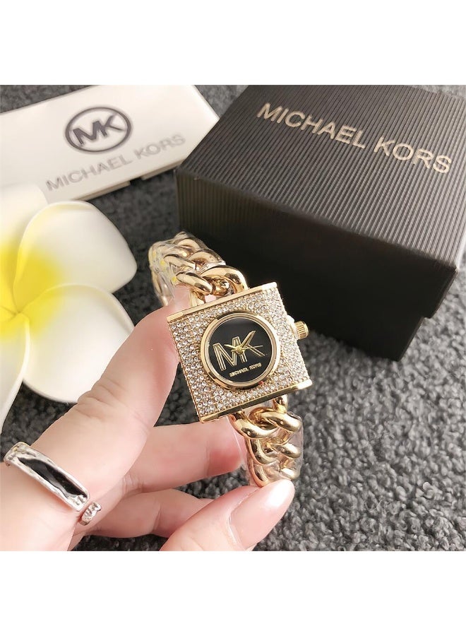 ام كي Michael Kors Women's Gold - Tone Watch with Crystal - Studded Square Case and Chunky Chain Bracelet