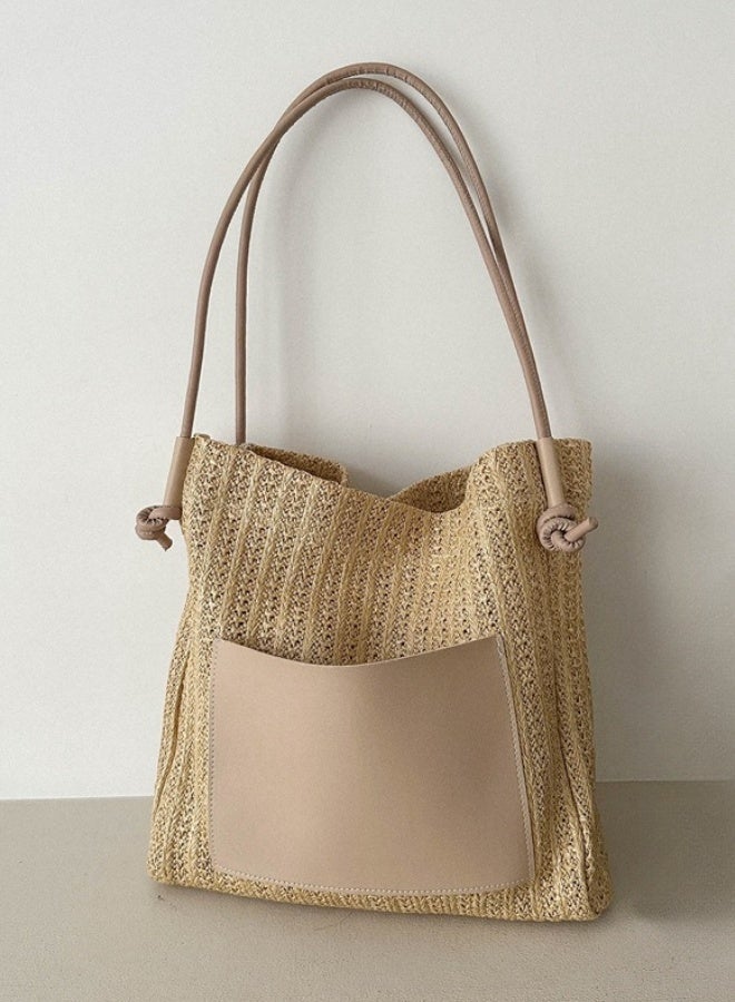 Women's Straw Tote Bag, Ladies Large Capacity Shoulder Bag Side Bag Carry Bag Beach Bag, Contrasting Color Design Handbag Clutch Bag Shopping Bag Tourist Bag Satchel Bag for Girls/College Students  - Image 2