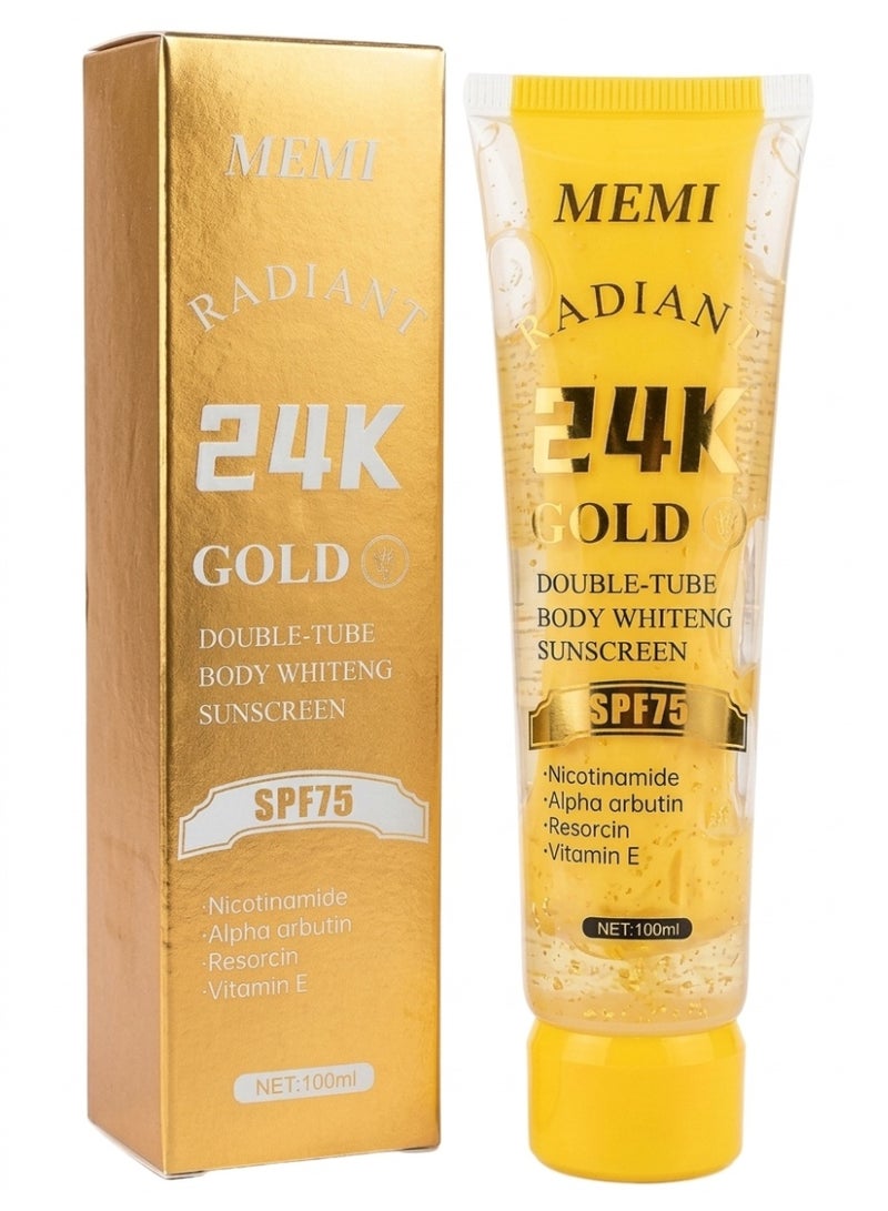 MEMI RADIANT 24K GOLD, DOUBLE-TUBE, BODY WHITENG, SUNSCREEN, SPF75, .Nicotinamide .Alpha arbutin .Resorcin .Vitamin E, NET:100ml - Image 1