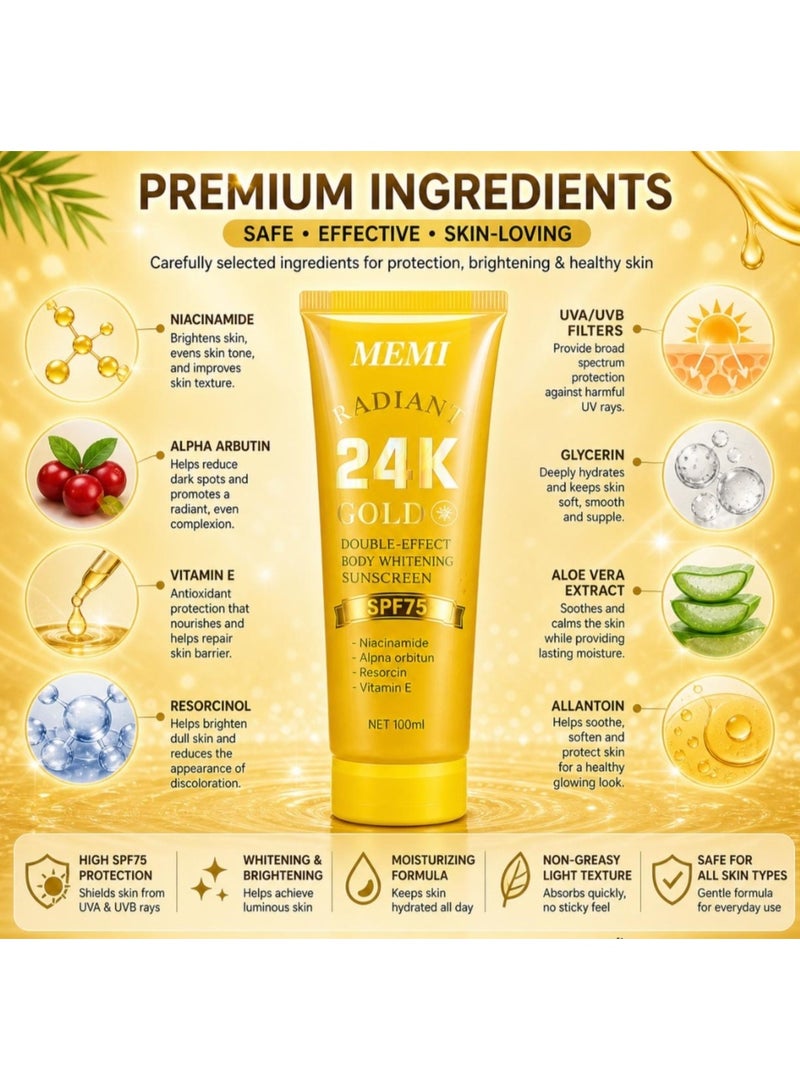 MEMI RADIANT 24K GOLD, DOUBLE-TUBE, BODY WHITENG, SUNSCREEN, SPF75, .Nicotinamide .Alpha arbutin .Resorcin .Vitamin E, NET:100ml - Image 3