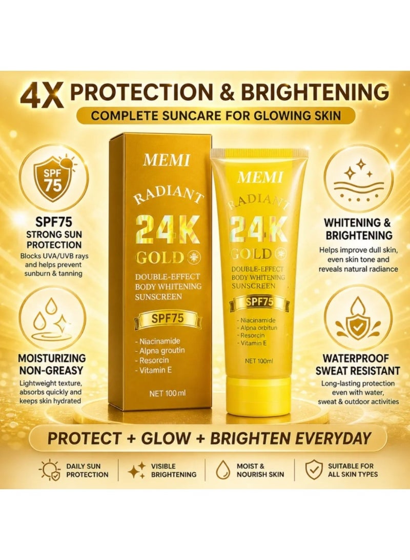MEMI RADIANT 24K GOLD, DOUBLE-TUBE, BODY WHITENG, SUNSCREEN, SPF75, .Nicotinamide .Alpha arbutin .Resorcin .Vitamin E, NET:100ml - Image 2