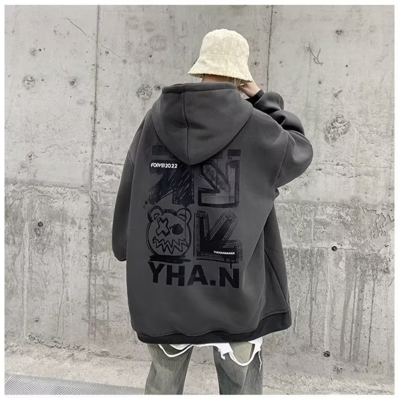 Plus Size Fleece Hoodie Mens Autumn Winter Casual Loose Coat Dark gray fleece-lined 