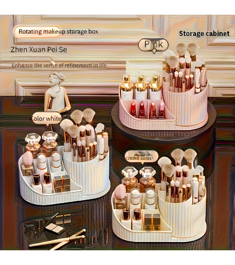 A 360 Degree Rotating Pink Cosmetics Display Makeup Organizer With 5 Brush Slots And 6 Lipstick Slots For Brushes Nail Polish Lipstick And Art Supplies - Image 1