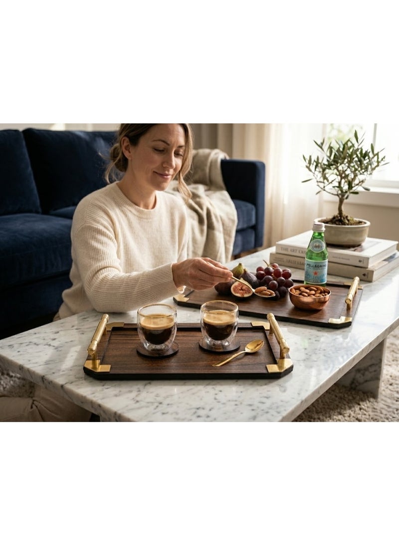 Luxurious Rectangular Wooden Serving Tray Set with Gold Corners and Handles with Coasters - Dark Wood - Image 3