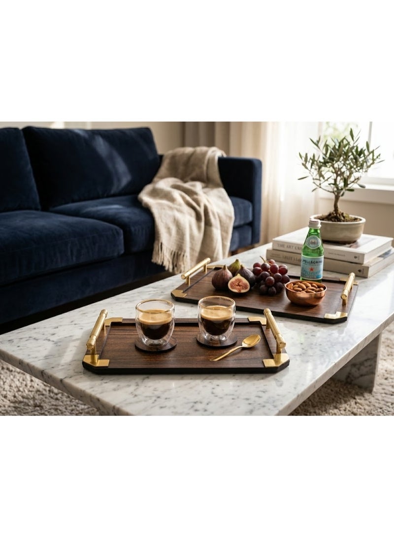 Luxurious Rectangular Wooden Serving Tray Set with Gold Corners and Handles with Coasters - Dark Wood - Image 2