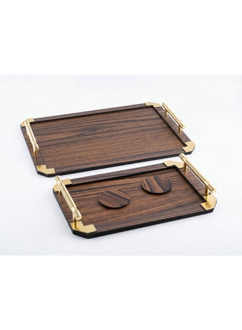 Luxurious Rectangular Wooden Serving Tray Set with Gold Corners and Handles with Coasters - Dark Wood - Image 1