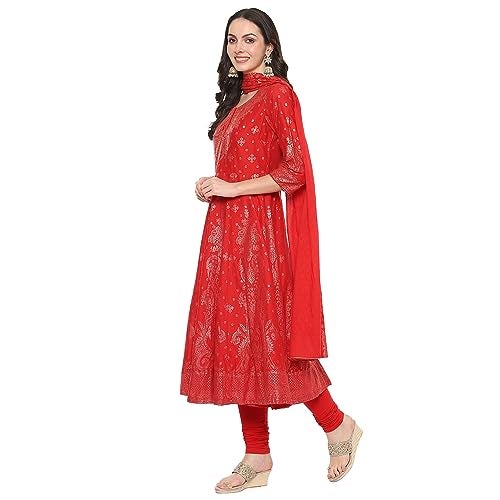 BIBA Cotton Women Printed Anarkali Salwar Kurta Dupatta(Skdgold Mur9148_Red_34) - Image 2