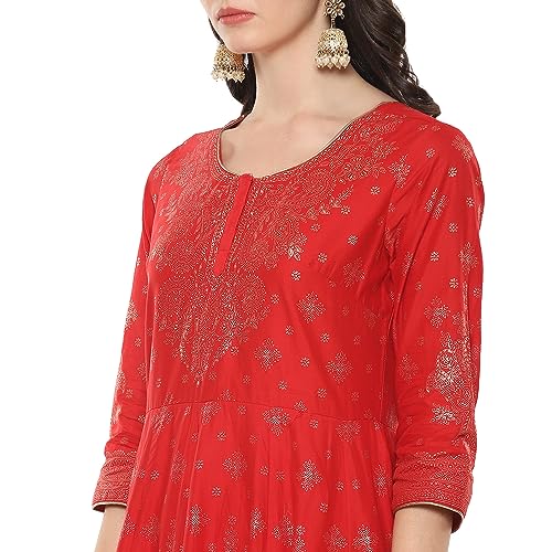 BIBA Cotton Women Printed Anarkali Salwar Kurta Dupatta(Skdgold Mur9148_Red_34) - Image 5