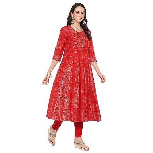 BIBA Cotton Women Printed Anarkali Salwar Kurta Dupatta(Skdgold Mur9148_Red_34) - Image 3