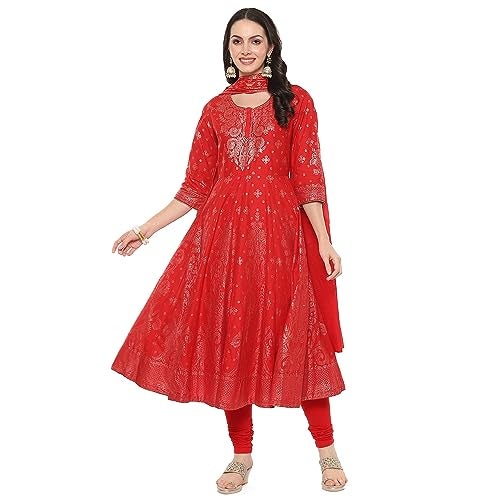 BIBA Cotton Women Printed Anarkali Salwar Kurta Dupatta(Skdgold Mur9148_Red_34) - Image 1