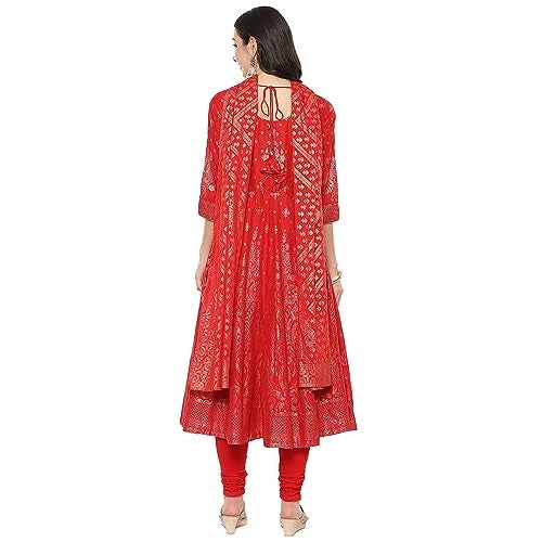 BIBA Cotton Women Printed Anarkali Salwar Kurta Dupatta(Skdgold Mur9148_Red_34) - Image 4