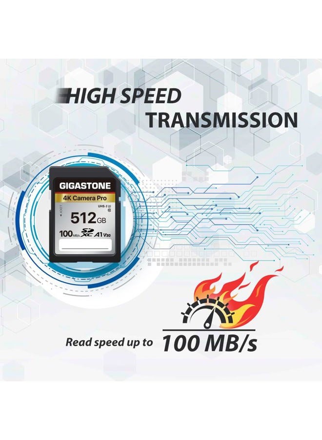 Gigastone بطاقة ذاكرة SDXC سعة 512 جيجابايت سلسلة 4K برو سرعة نقل تصل إلى 100 ميجابايت/ثانية متوافقة مع كاميرات كانون ونيكون وسوني، A1 V30 UHS-I فئة 10 لفيديو 4K UHD - Image 3
