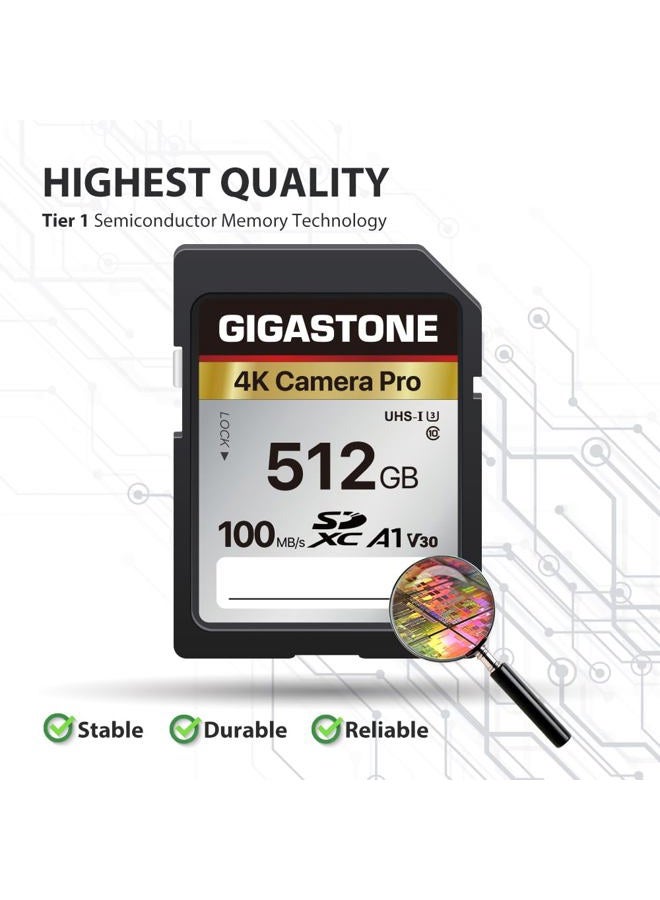Gigastone بطاقة ذاكرة SDXC سعة 512 جيجابايت سلسلة 4K برو سرعة نقل تصل إلى 100 ميجابايت/ثانية متوافقة مع كاميرات كانون ونيكون وسوني، A1 V30 UHS-I فئة 10 لفيديو 4K UHD - Image 4
